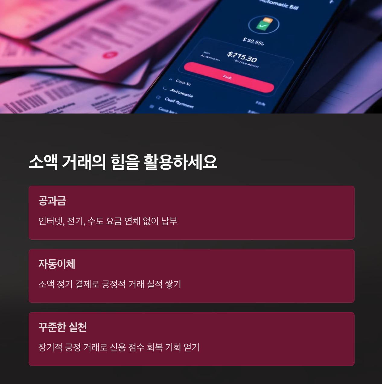 2025 연체 기록 있어도 신용점수 올리기! 신용점수 빠르게 회복하는 비법과 실천 팁 5가지 8 소액 거래